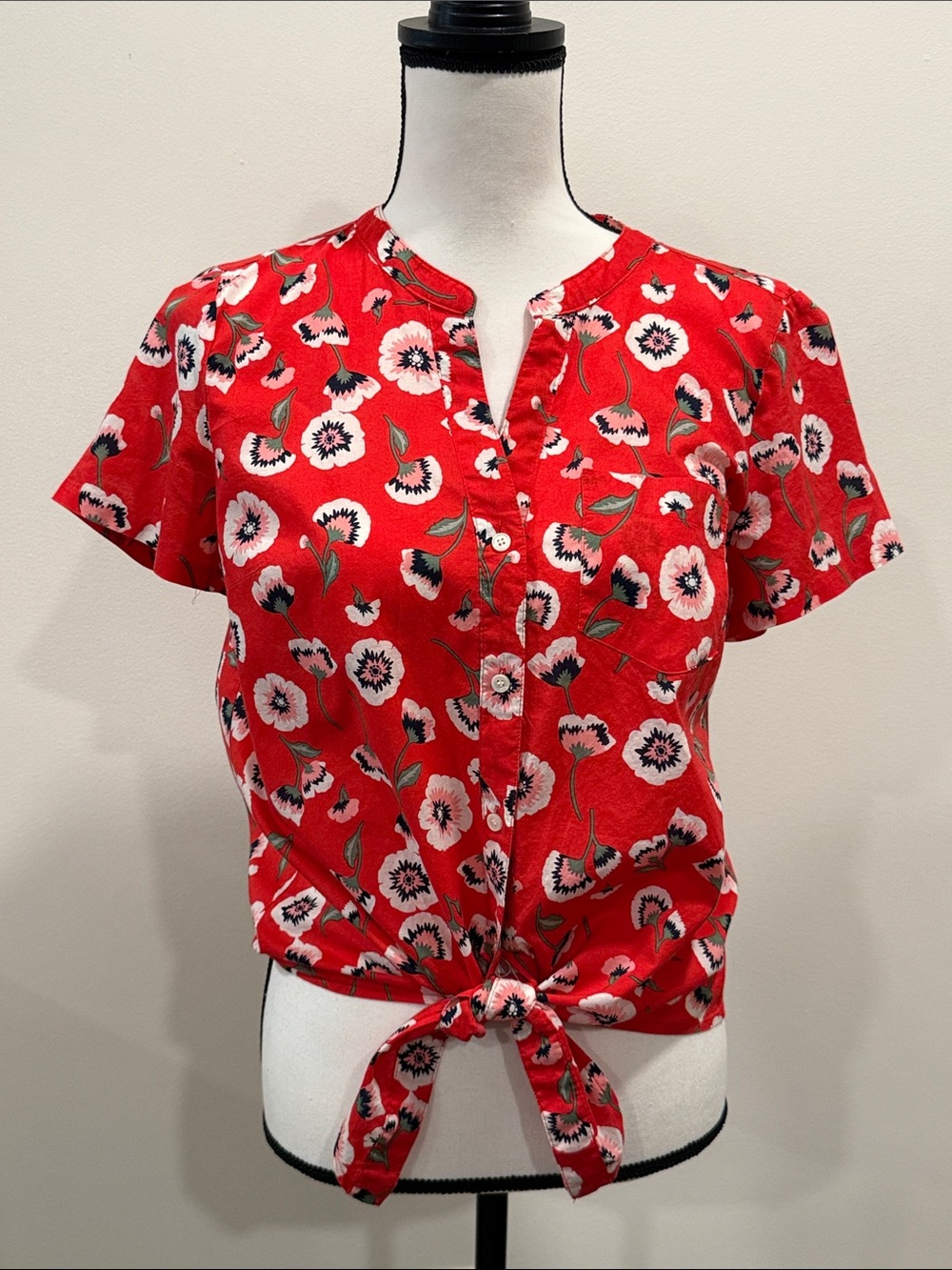 J. Crew Floral Tie-Front Short Sleeve Top Red Size Small